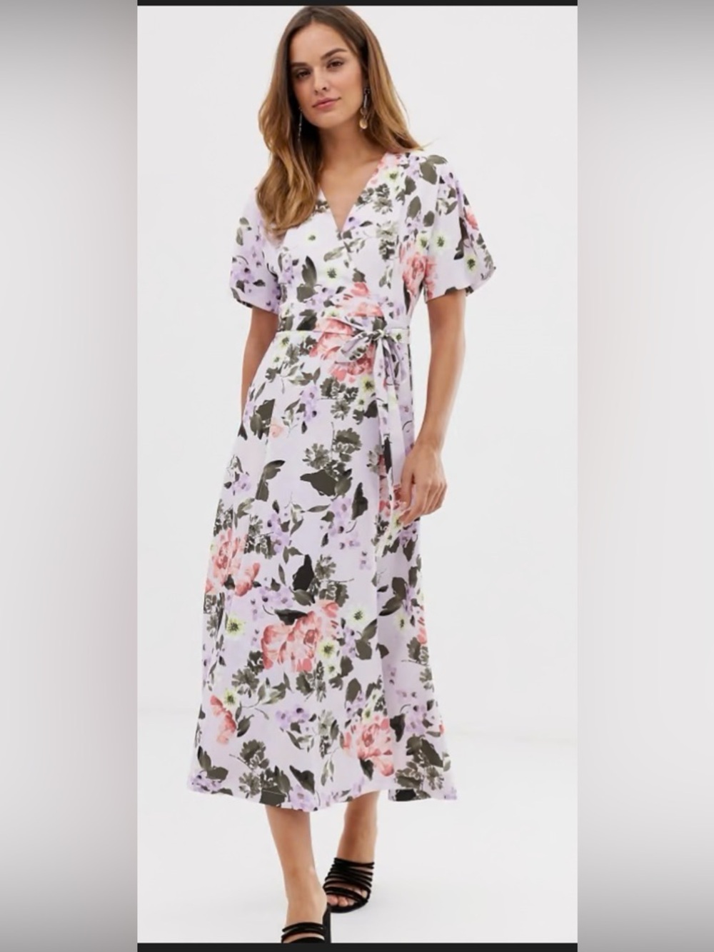 French Connection Lavender Floral Wrap Maxi Dress Pink and Green Accents Size 4